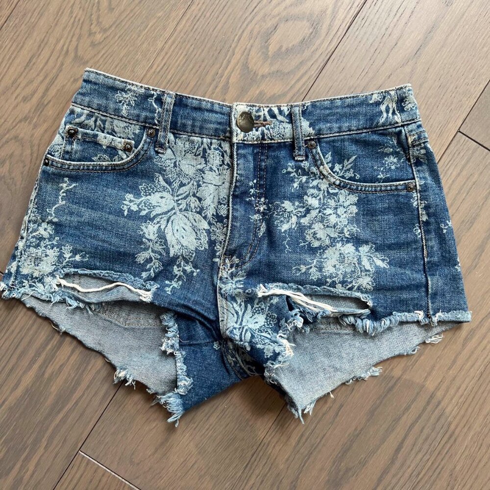 Free People Floral Print Jean Shorts